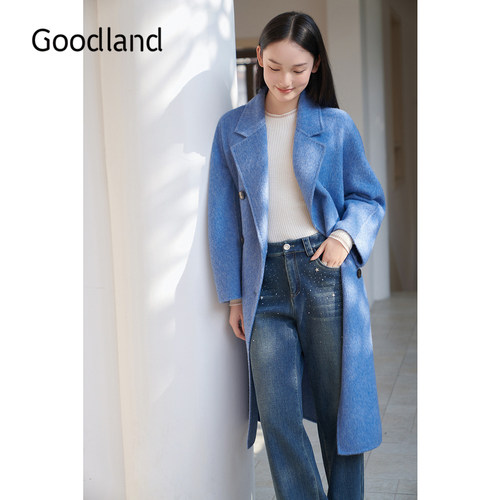 Goodland美地蓝色大衣女长款真丝羊毛兔毛呢子外套LC34580240