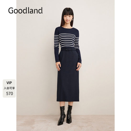 Goodland美地2024年冬季新款羊毛混纺法式条纹收腰撞色针织连衣裙