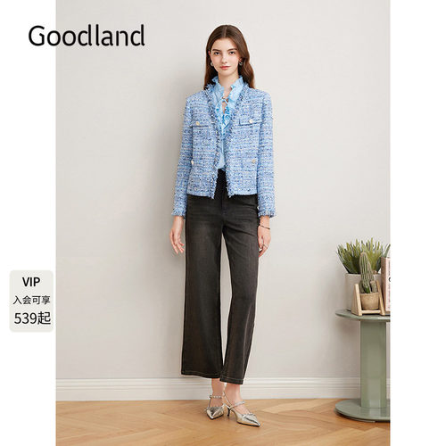 Goodland美地蓝色气质V领法式小香风短外套花纱/半身裙LC35110070
