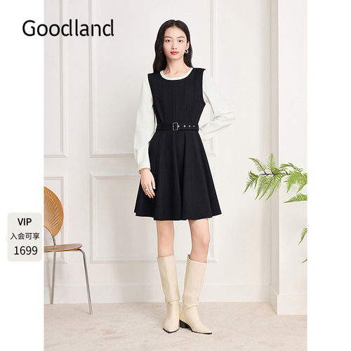 Goodland美地撞色假两件法式连衣裙a字收腰2025冬新款LC35505350