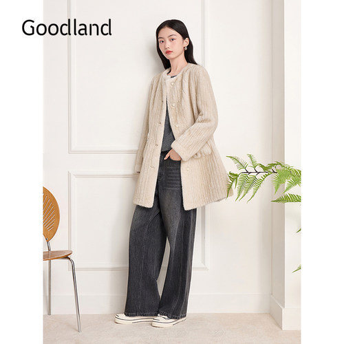 Goodland美地环保仿皮草外套女圆领珍珠大衣2025冬新款LC35510380