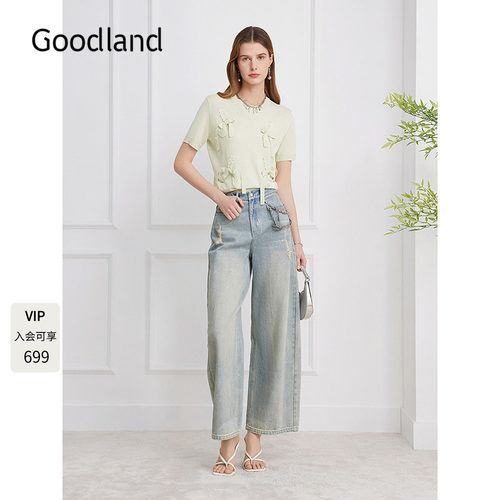 Goodland美地女装蝴蝶结装饰2026夏季新款圆领针织衫LC36206030