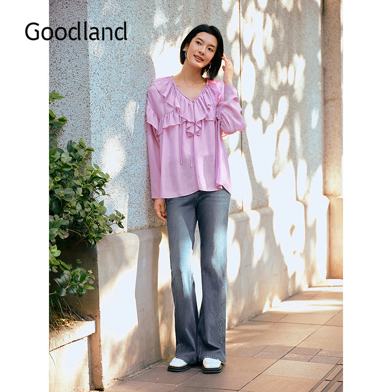 Goodland美地女装浮雕烫钻微喇牛仔裤女显瘦2025冬新款LC35520160