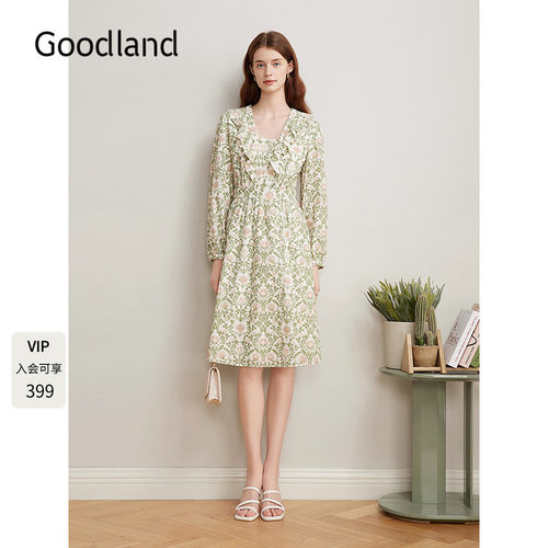 Goodland美地女装2025春季新款法式印花荷叶花边收腰小A摆连衣裙