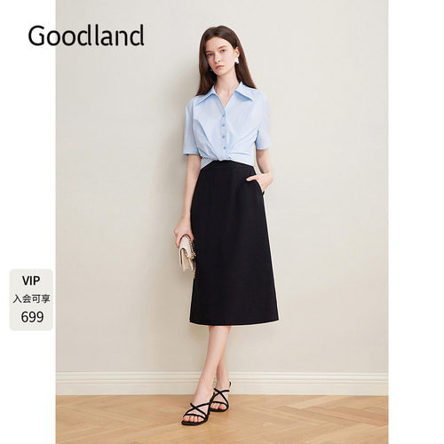 Goodland美地气质显瘦假两件醋酸短袖衬衫连衣裙女夏季LC35205260