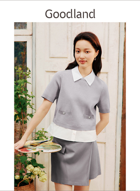 Goodland美地2024夏季新款通勤灰色假两件短袖针织衫女短款上衣
