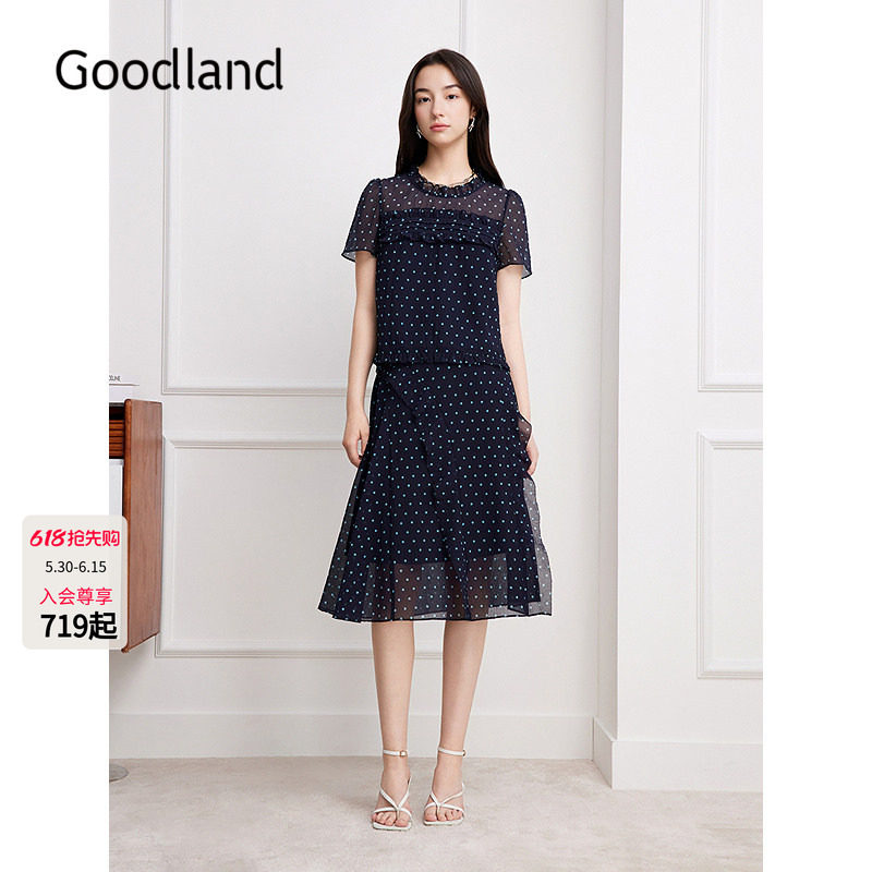 Goodland美地2026夏季新款泡泡纱法式复古波点短袖上衣女/半身裙