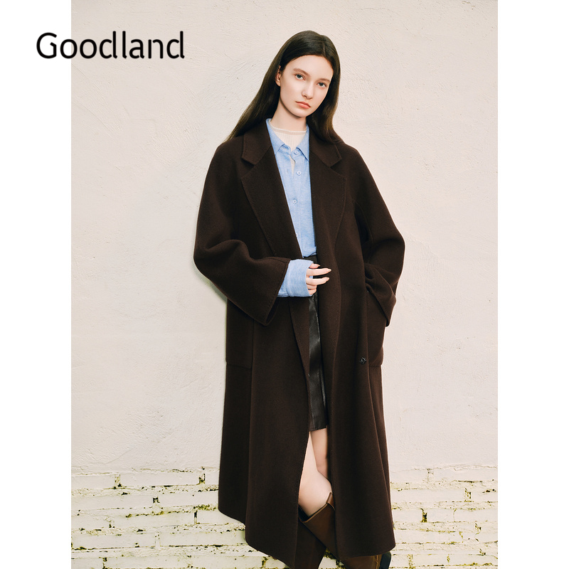 Goodland美地气质西装领100羊毛双面呢大衣外套女长款LC34580140