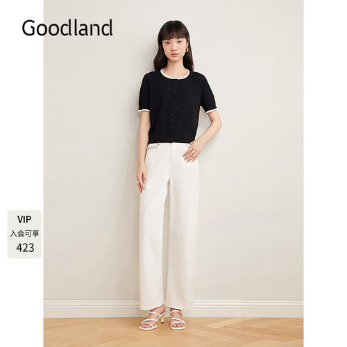 Goodland美地法式精致钩花短袖针织开衫女夏季纯棉LC35206650