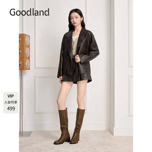 Goodland美地女装复古擦色pu皮衣西装外套2025冬季新款LC35509090