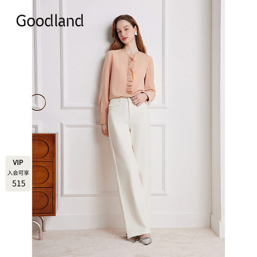 Goodland美地女装棉质法式花边长袖衬衫上衣2025秋新款LC35370040