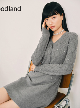 Goodland美地灰色优雅v领假两件羊毛针织连衣裙短款LC34506117