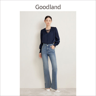 Goodland美地2024新品藏蓝色法式上衣女垂感海岛丝系带衬衫