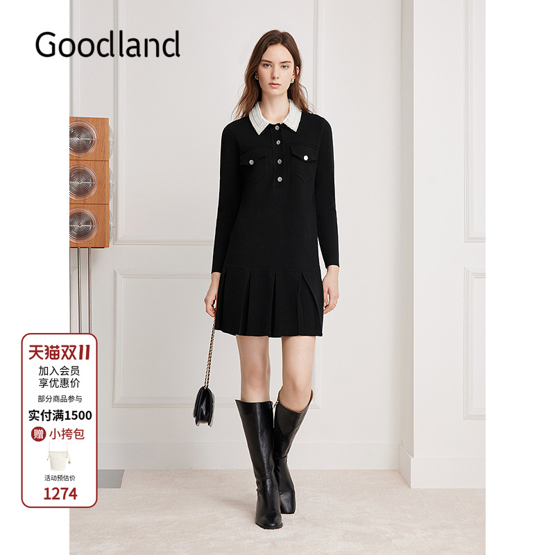 Goodland美地珍珠可拆卸翻领针织连衣裙2025冬季新款LC35506597