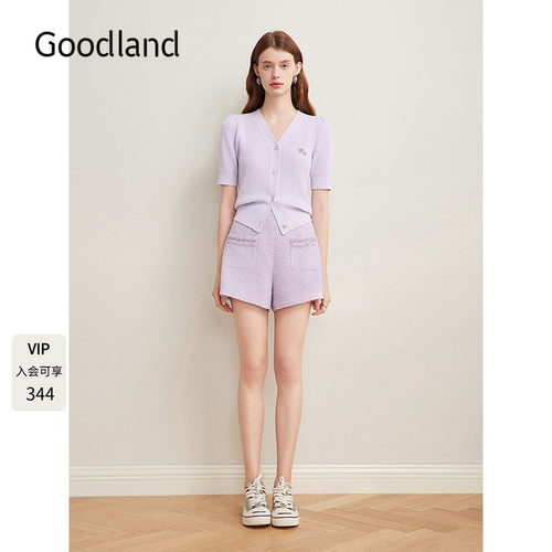 Goodland美地温柔风紫色小香风v领短袖针织开衫女夏季LC35206850
