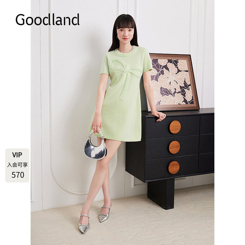 Goodland美地女装2025早秋新款100%羊毛优雅短袖针织连衣裙短款图片