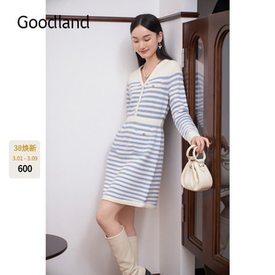 撞色条纹收腰V领针织连衣裙短款 新款 2024年冬季 Goodland美地女装