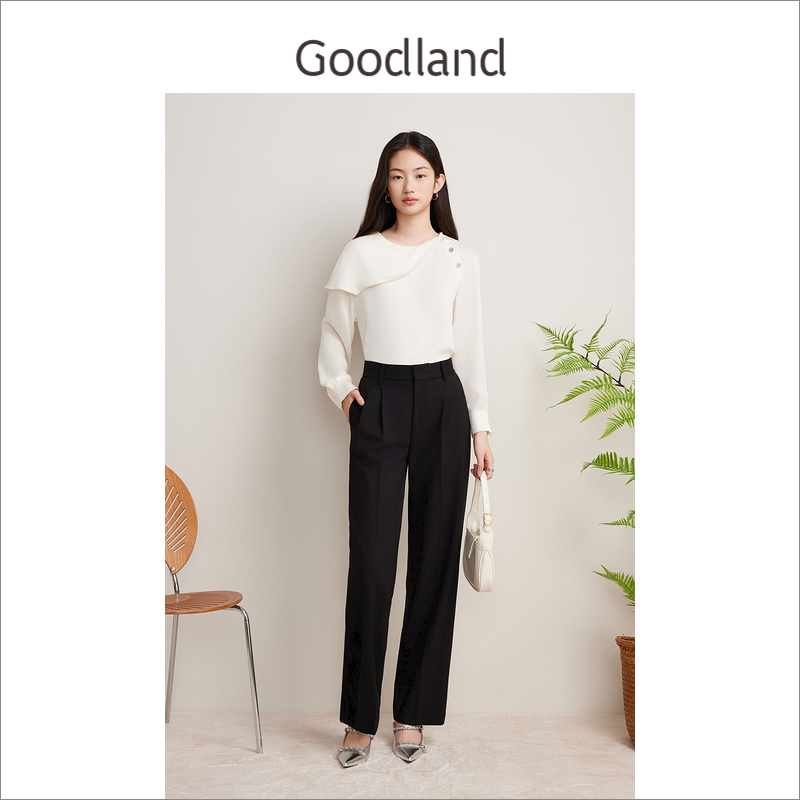 Goodland美地2024年秋季新款米白色不对称披肩衬衣女气质上衣