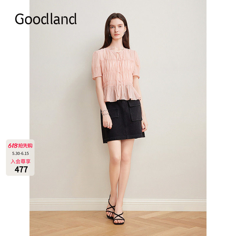 Goodland美地女装2025夏季新款西柚色法式短袖上衣蝴蝶结系带小衫