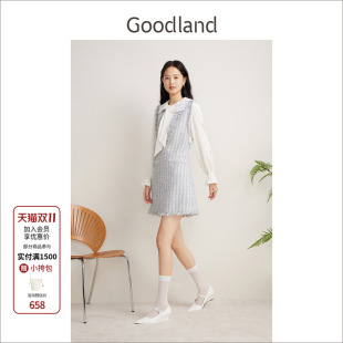 Goodland美地2024春季 双层大翻领蕾丝花纱背心连衣裙 新款