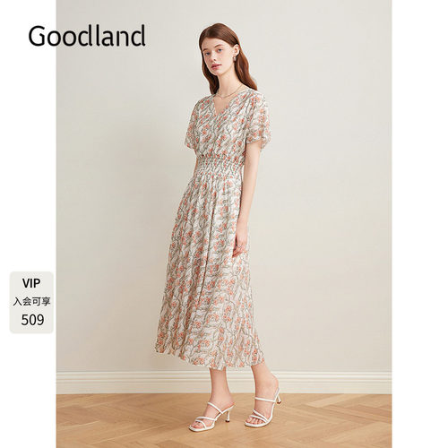 Goodland美地女装2025夏季新款亚麻天丝法式印花弹力腰连衣裙长款