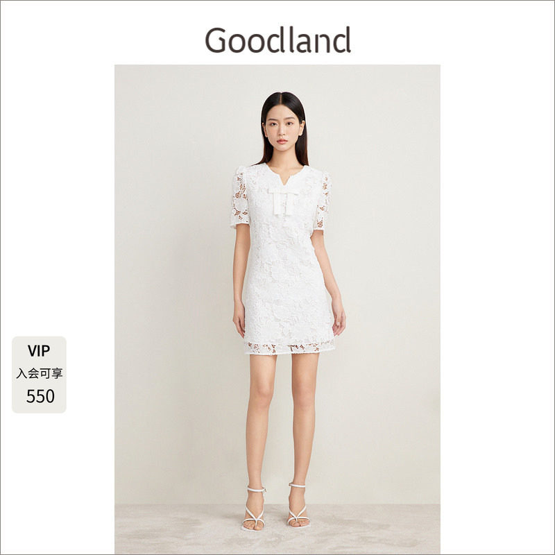 Goodland美地女装夏季白色蕾丝连衣裙短款优雅精致小礼服裙图片