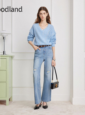 Goodland美地蓝色镂空钻饰V领针织衫女毛衣2026春新款LC36106300