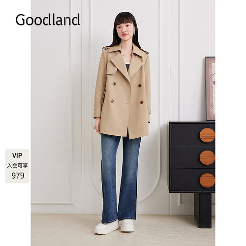 Goodland美地女装优雅双排扣风衣外套中款2025秋新款LC35307070