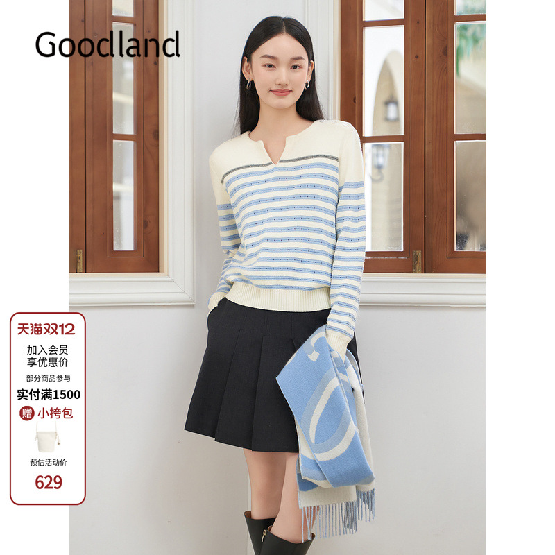Goodland美地蓝白条纹针织衫女法式毛衣短款羊毛混纺LC34506460