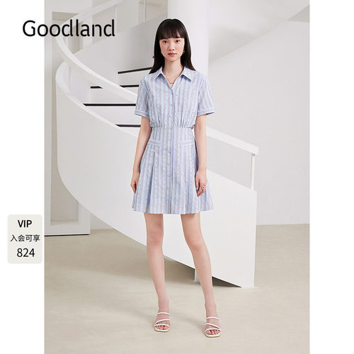 Goodland美地条纹烫钻短袖衬衫式连衣裙女夏季收腰a字LC35305090