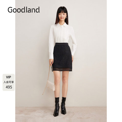Goodland美地女装2024年冬季新款纯棉通勤烫钻衬衫法式女上衣