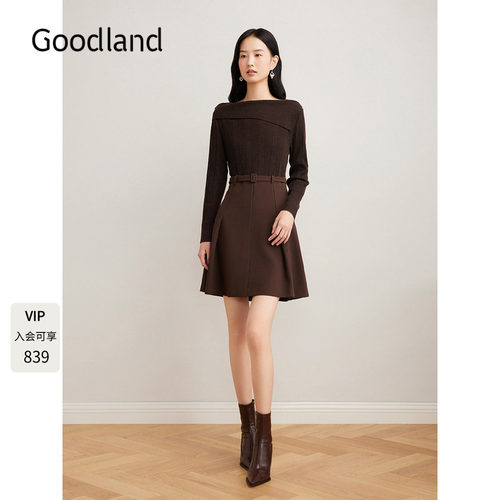 Goodland美地咖色一字领拼接针织连衣裙收腰短款a字裙LC34506427