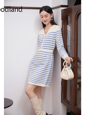 Goodland美地女装2024年冬季新款撞色条纹收腰V领针织连衣裙短款