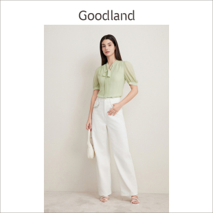 襯衫 Goodland美地女裝 夏季 清新綠色蝴蝶結(jié)系帶雪紡短袖 上衣