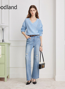 Goodland美地蓝色镂空钻饰V领针织衫女毛衣2026春新款LC36106300