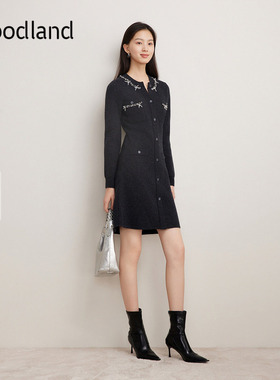 Goodland美地灰色气质法式钉珠针织连衣裙短款修身LC34506557