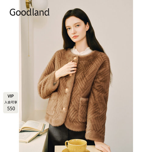 Goodland美地环保仿貂绒圆领皮草外套女短款LC34510130