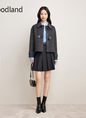 Goodland美地灰色牛角扣翻领大衣外套女短款羊毛羊驼毛LC34510210