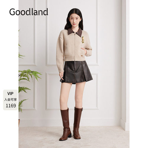 Goodland美地羊毛pu皮翻领针织毛衣外套女2025冬新款LC35506250