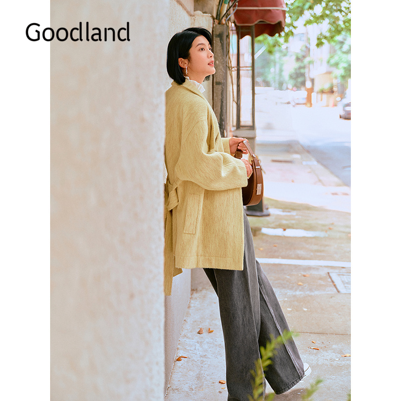 Goodland美地双色织羊毛立领大衣外套女中款2025冬新款LC35580220