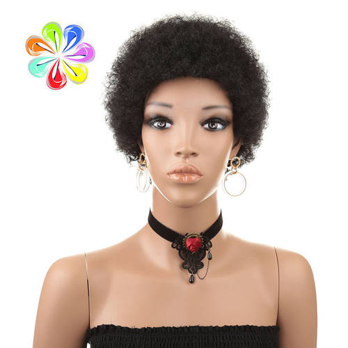 短款真人发机制头套 Human Afro Wig 非洲爆炸小卷发蓬松假发女