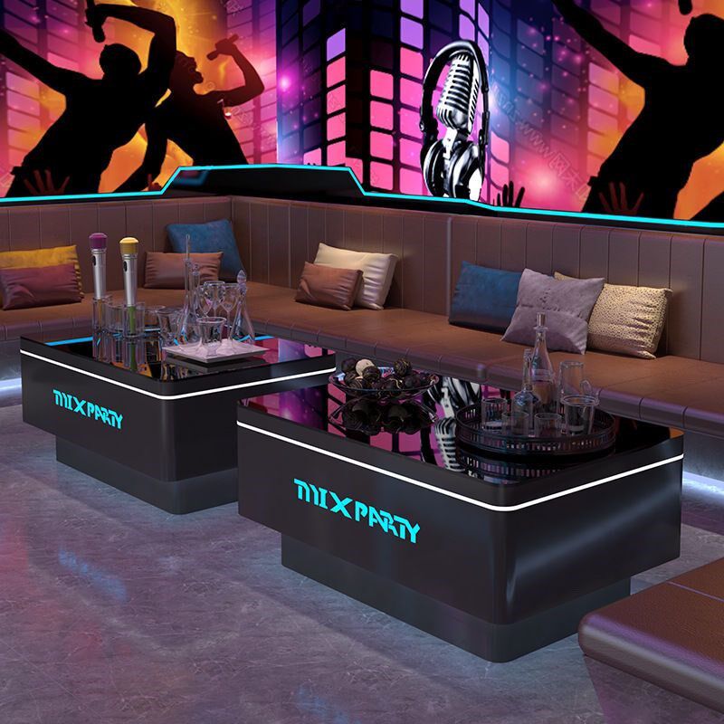 ktv发光茶几酒吧专用轻奢大理石纹岩板桌子不锈钢钢化玻璃台定制