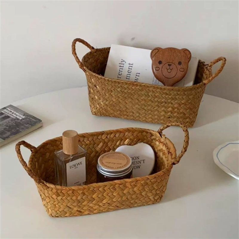手工草编收纳筐家用客厅零食杂物收纳篮桌面整理筐野餐篮水果篮子