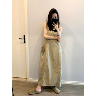 设计感无袖 多口袋圆领宽松百搭纯色中长裙子 背心连衣裙女夏季 新款
