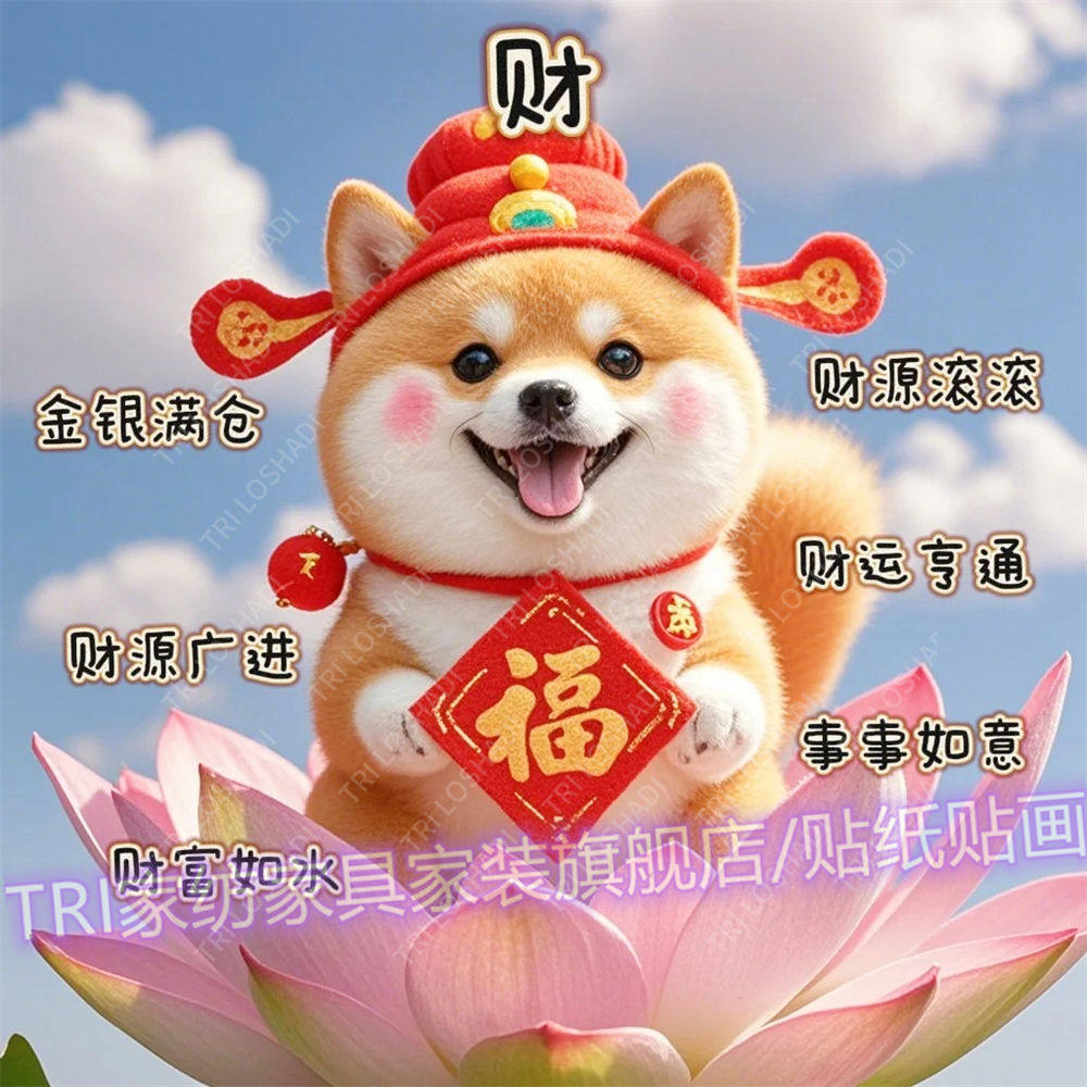 人财两旺贴纸壁画可爱狗狗招财进宝墙上自粘贴画家居装饰招财门贴