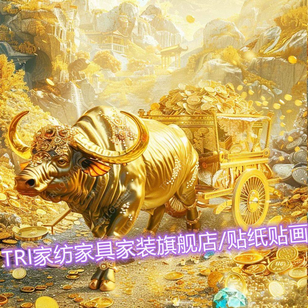 牛转乾坤贴纸壁画爆款客厅玄关墙贴招财进宝自粘贴画金牛拉车门贴