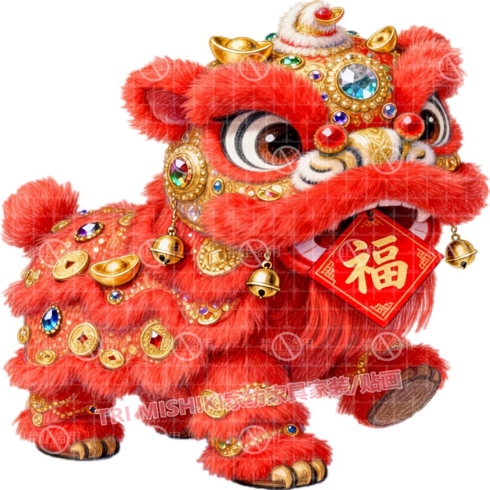 喜庆国风醒狮贴纸中式瑞兽吉祥如意自粘墙贴招财纳福爆款门窗贴画