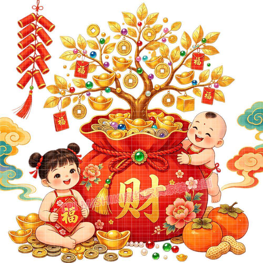 金童玉女福袋贴纸新款发财树吉祥