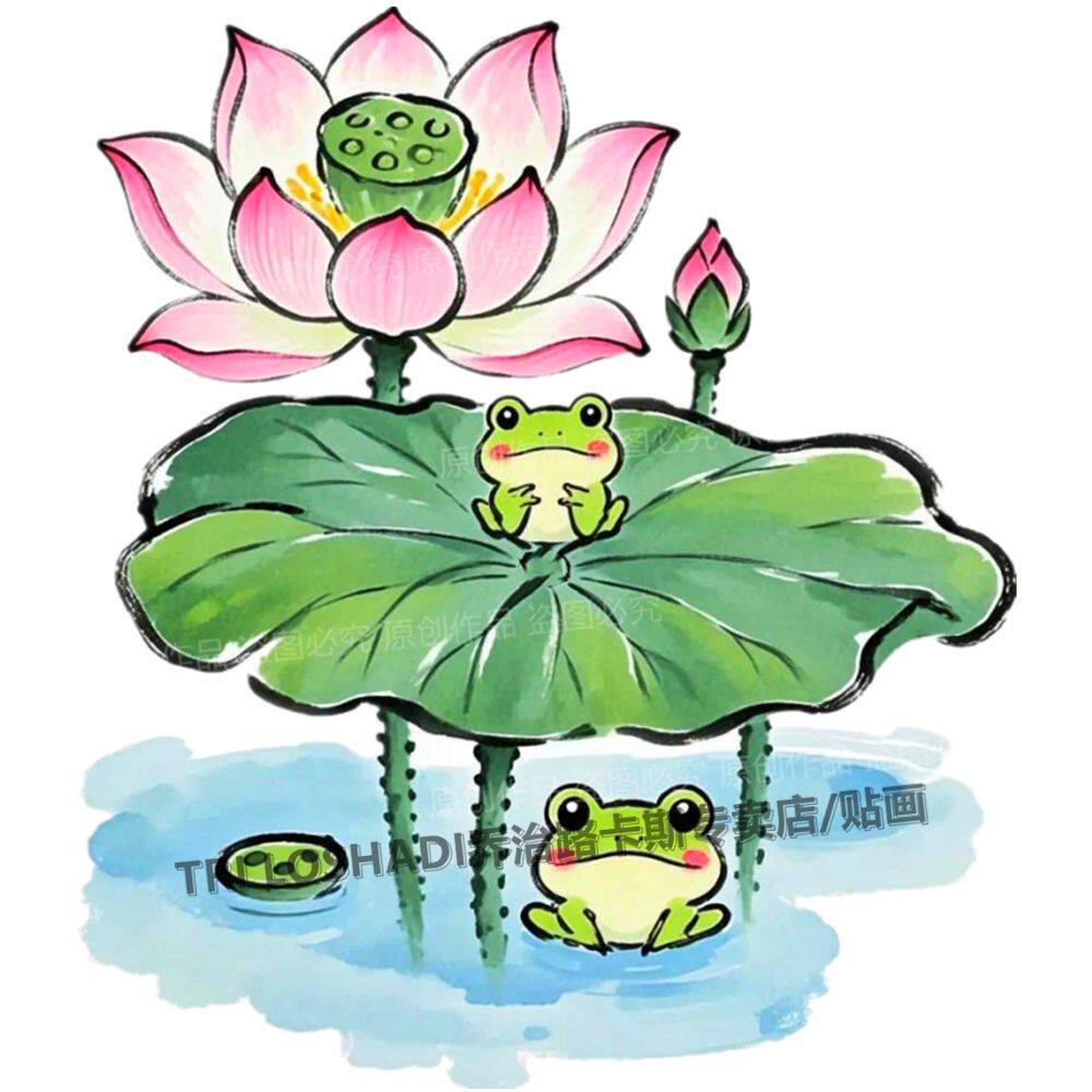 荷花小青蛙贴纸画防水自粘门贴卫生间马桶盖装饰贴花可爱动物墙贴