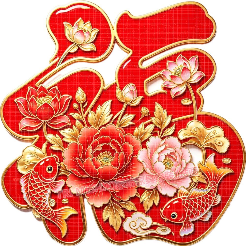 锦鲤牡丹福字贴纸新年红红火火喜